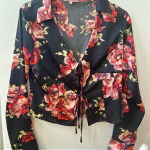 Elegant Black Floral Blouse with Tie-Front